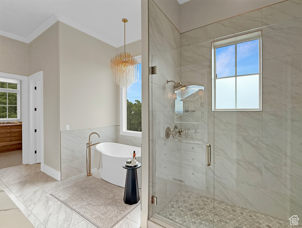 Bathroom with crown molding, a soaking tub, and a stall shower