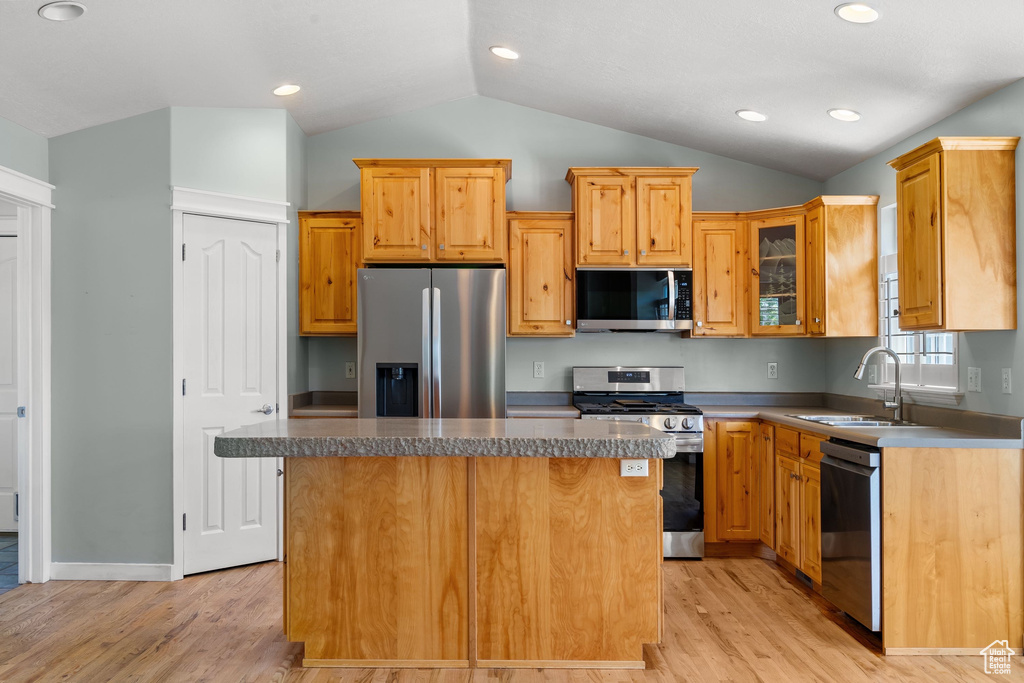 Kitchen with appliances with stainless steel finishes, lofted ceiling, a sink, light wood-style floors, and a center island