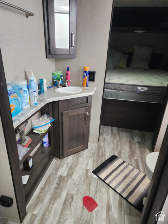 Bathroom with vanity, wood finished floors, and toilet