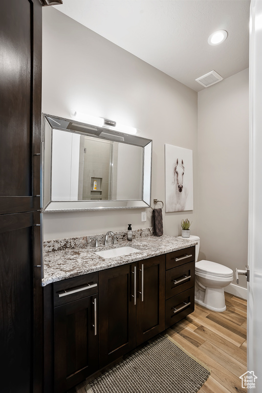 Bathroom featuring vanity, toilet, wood finished floors, recessed lighting, and a shower