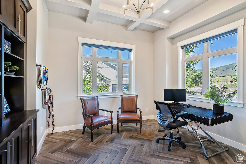 Office space with baseboards, recessed lighting, beam ceiling, a chandelier, and coffered ceiling