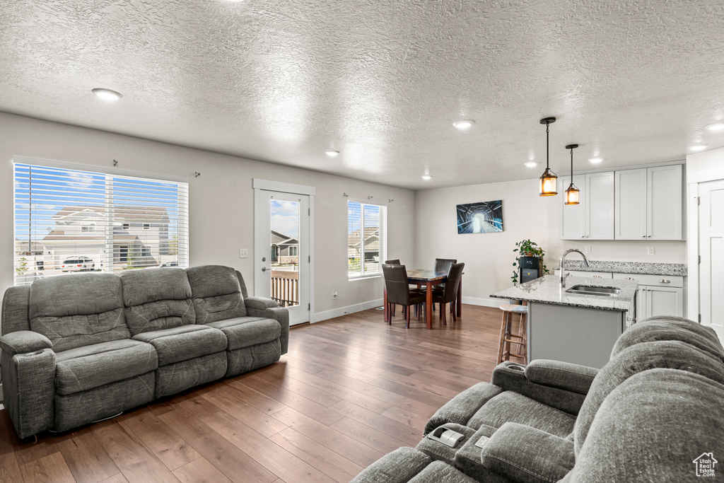 Living room with recessed lighting, hardwood / wood-style floors, a textured ceiling, and baseboards