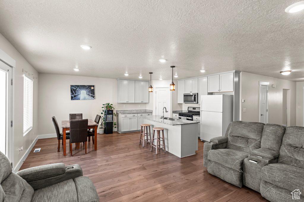 Living area with a textured ceiling, wood finished floors, recessed lighting, and baseboards