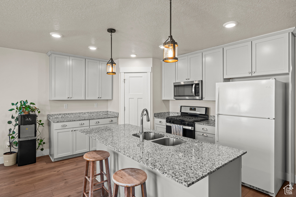 Kitchen with appliances with stainless steel finishes, a sink, recessed lighting, wood finished floors, and a textured ceiling
