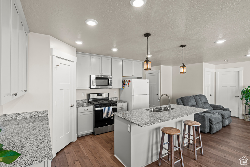 Kitchen featuring stainless steel appliances, a sink, dark wood finished floors, open floor plan, and a kitchen breakfast bar