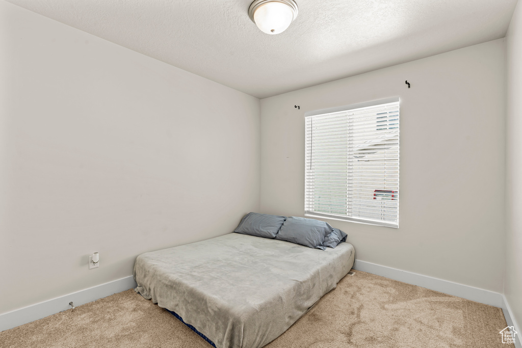 Bedroom with carpet flooring, baseboards, and a textured ceiling