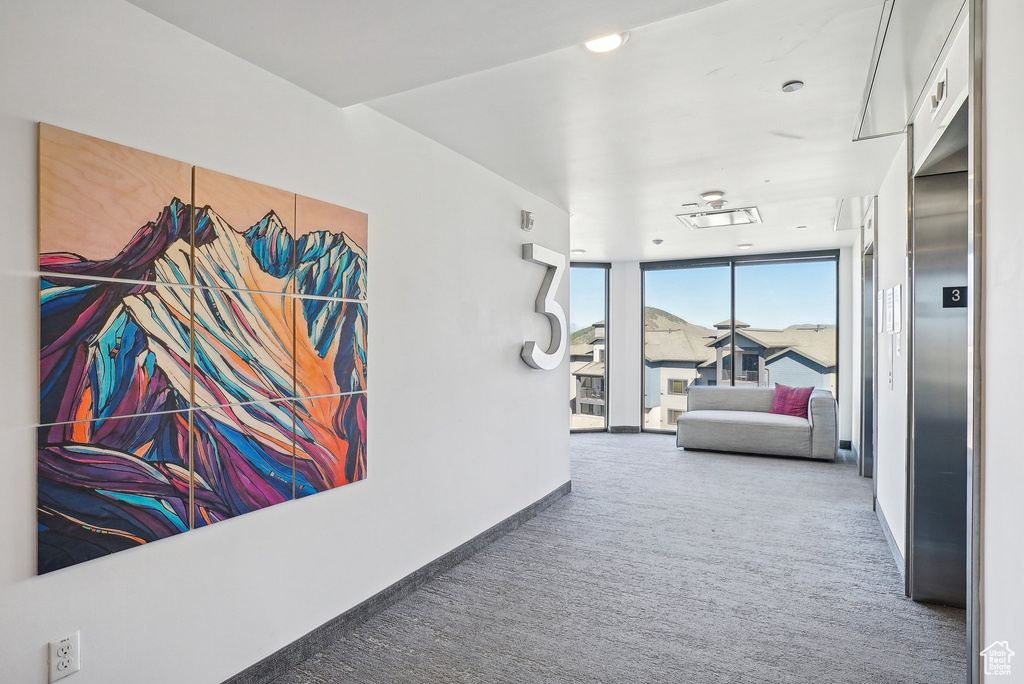 Corridor with carpet floors, a wall of windows, baseboards, and elevator