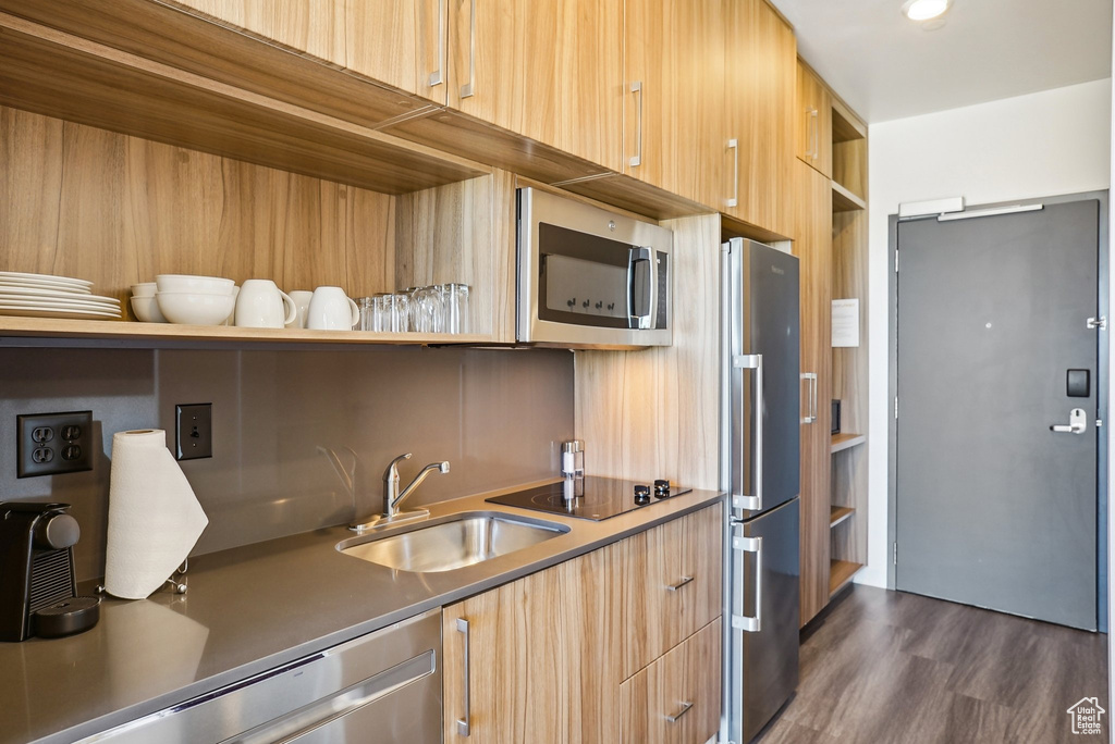 Kitchen featuring appliances with stainless steel finishes, open shelves, modern cabinets, a sink, and light brown cabinetry