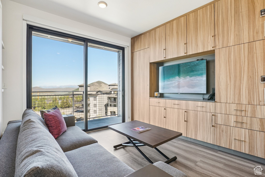 Living area with light wood-style floors and healthy amount of natural light