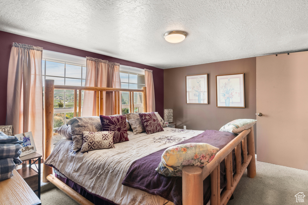 Bedroom with a textured ceiling and carpet floors