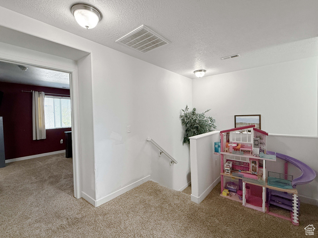 Recreation room featuring a textured ceiling, carpet floors, and baseboards