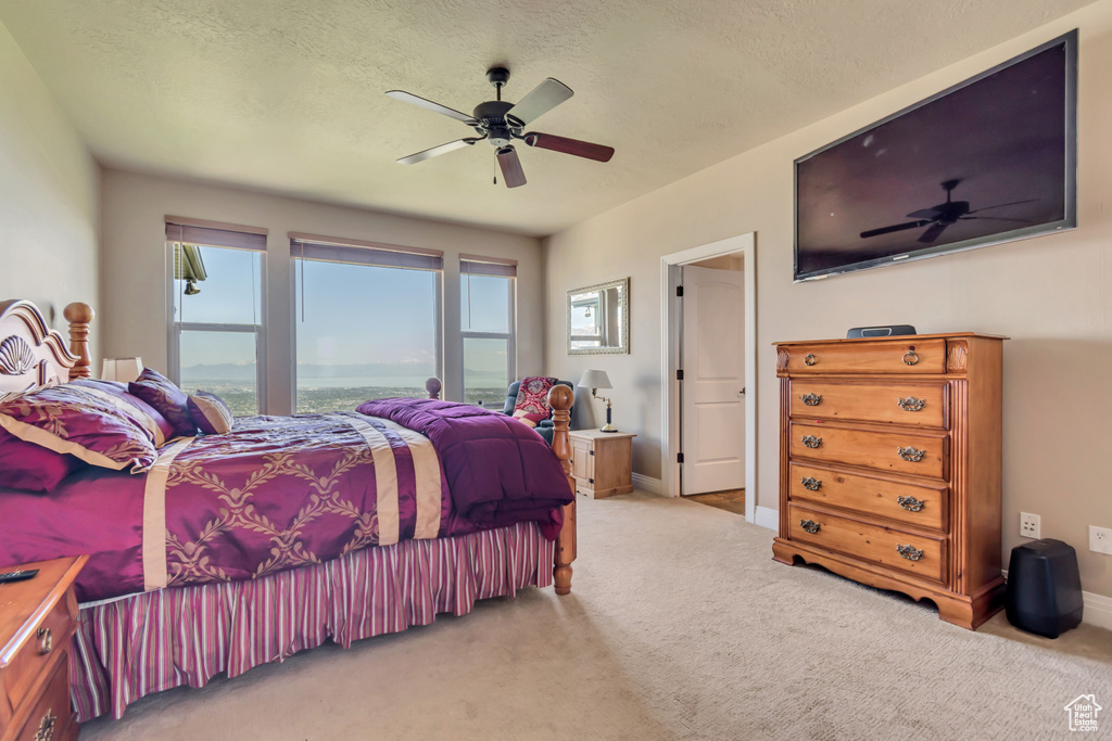 Carpeted bedroom featuring baseboards, a ceiling fan, and a textured ceiling