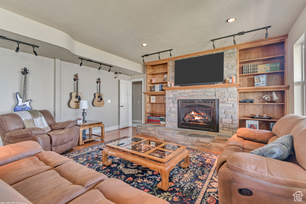 Living room with rail lighting, a stone fireplace, and baseboards