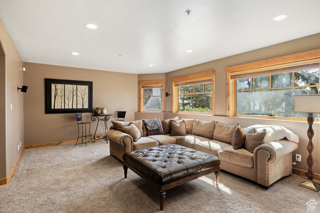 Living area with carpet flooring, recessed lighting, and baseboards