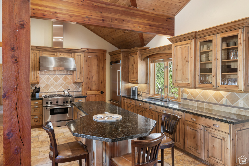 Kitchen with under cabinet range hood, high end appliances, a sink, a kitchen breakfast bar, and wooden ceiling