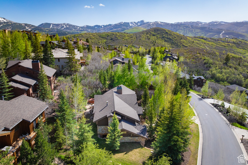 Aerial perspective of suburban area featuring a mountain backdrop
