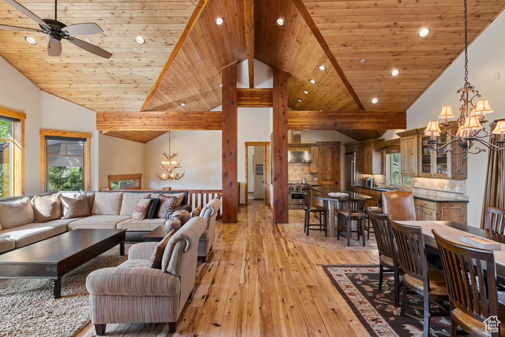 Living area with a chandelier, vaulted ceiling, light wood-type flooring, recessed lighting, and wood ceiling