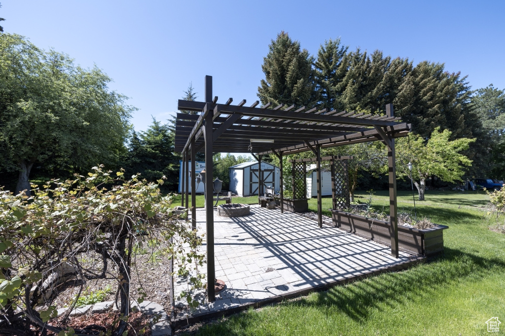 View of community with a patio, a pergola, a yard, and a fire pit