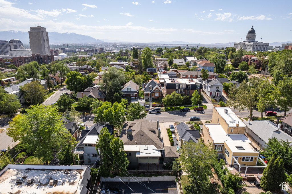 Aerial view of residential area with mountains