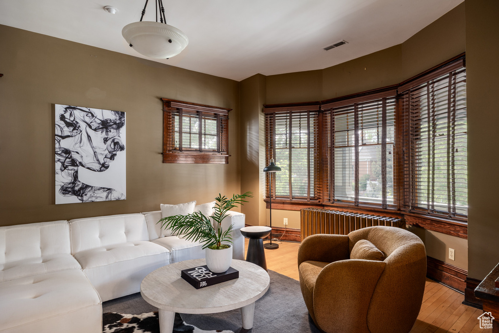 Living room with hardwood / wood-style flooring, radiator, and baseboards