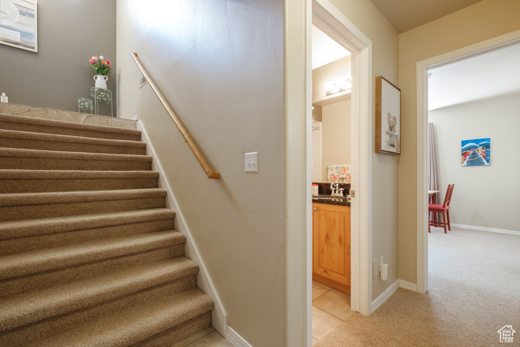Stairway featuring carpet flooring and baseboards