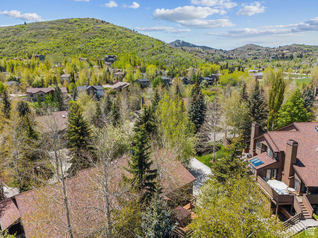 Aerial view of residential area with mountains