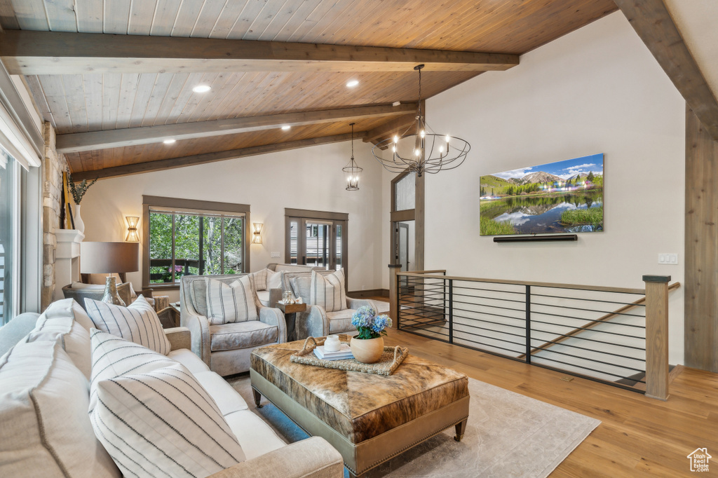 Living area featuring wood finished floors, recessed lighting, wood ceiling, and a chandelier