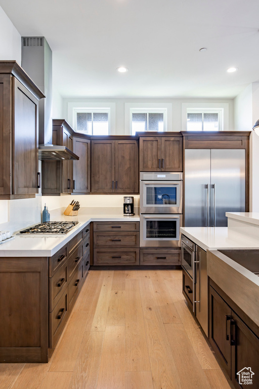 Kitchen with built in appliances, light wood-style floors, dark brown cabinetry, light countertops, and recessed lighting