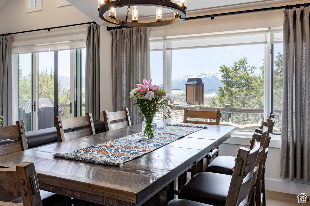 Dining room with a chandelier