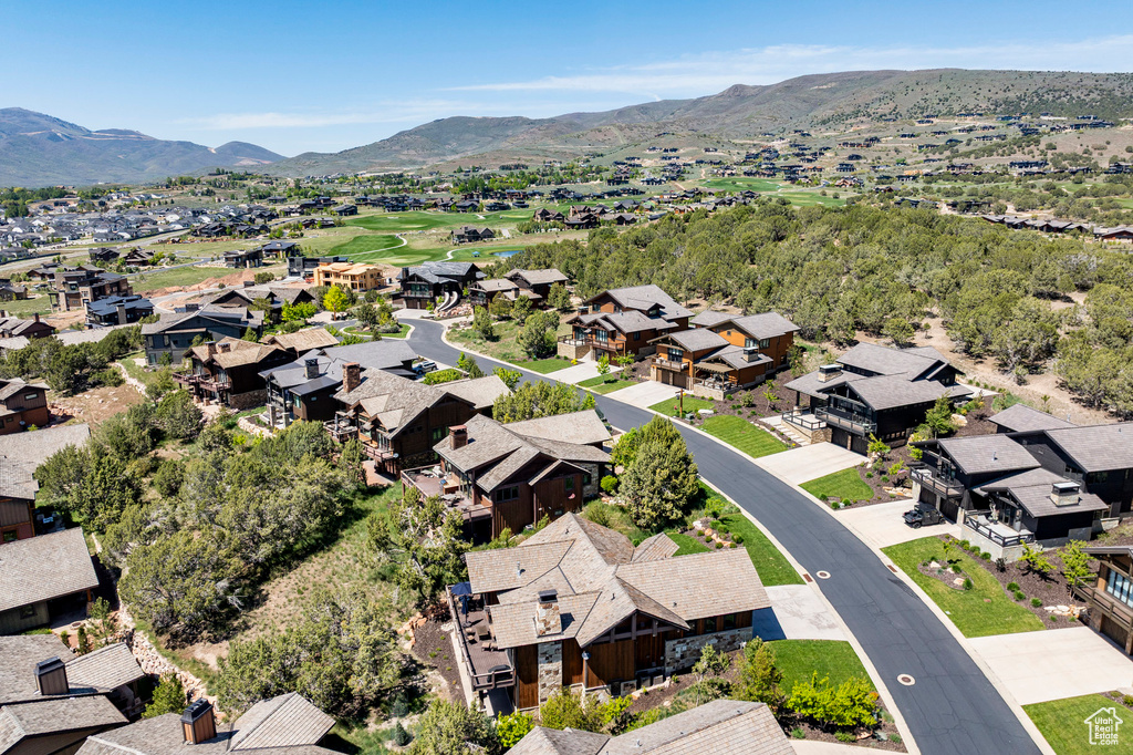 Aerial view of residential area with a mountain backdrop