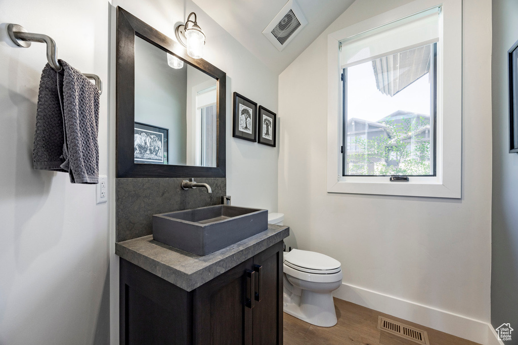 Bathroom featuring toilet, vanity, wood finished floors, baseboards, and backsplash