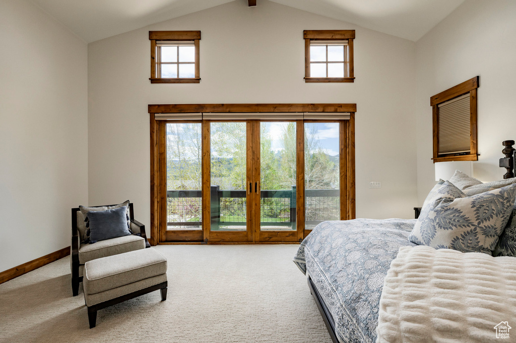 Carpeted bedroom featuring high vaulted ceiling, access to exterior, multiple windows, and baseboards
