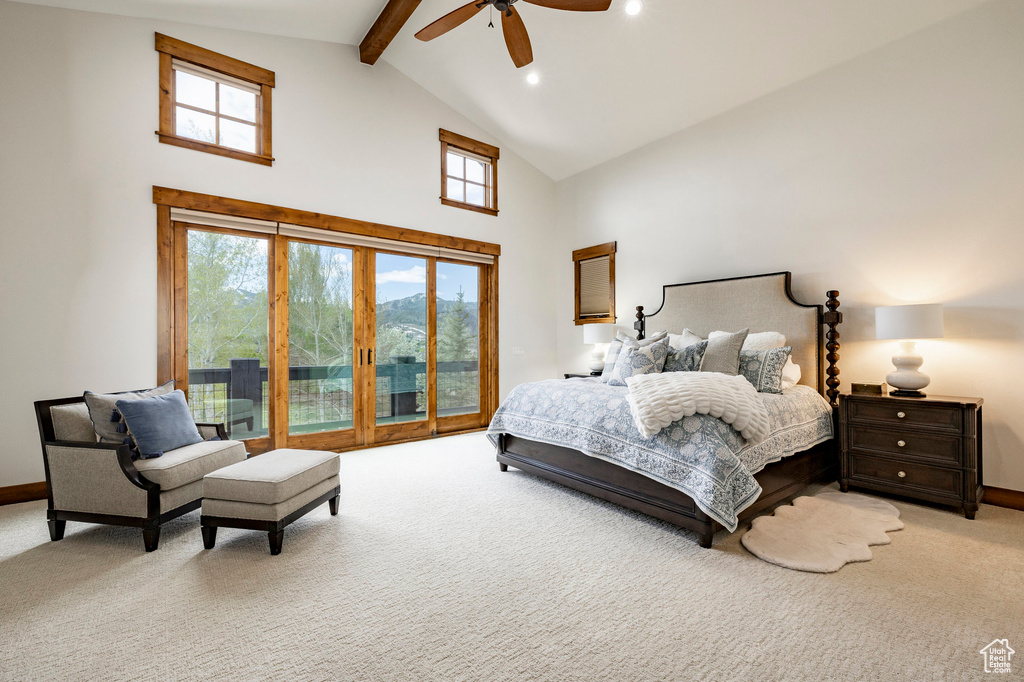Bedroom featuring high vaulted ceiling, carpet, beam ceiling, baseboards, and recessed lighting