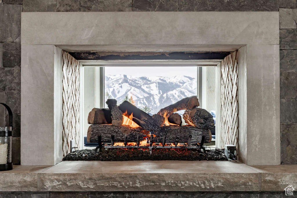 Detailed view of a warm lit fireplace
