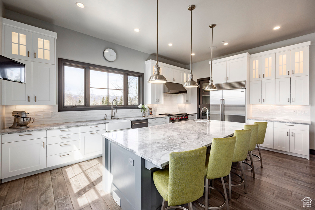Kitchen with high end appliances, under cabinet range hood, a sink, backsplash, and recessed lighting