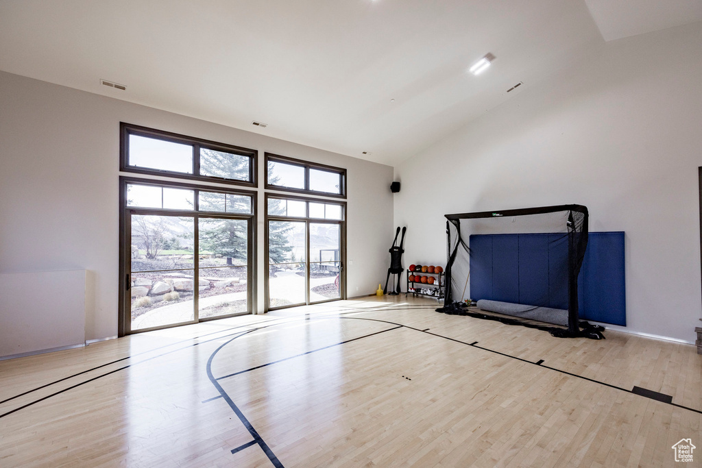 View of basketball court featuring basketball hoop
