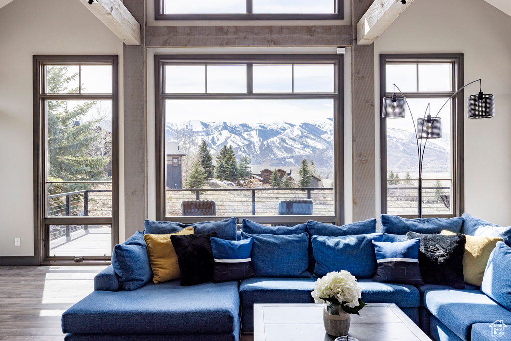 Living area featuring wood finished floors, a mountain view, healthy amount of natural light, and baseboards