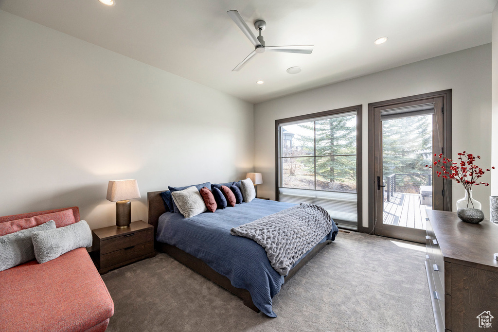 Bedroom with access to outside, carpet, recessed lighting, and ceiling fan