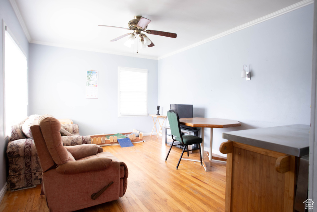Office area featuring crown molding, ceiling fan, light wood finished floors, and baseboards