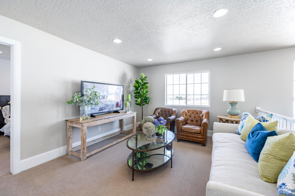 Living area with carpet, recessed lighting, a textured ceiling, and baseboards