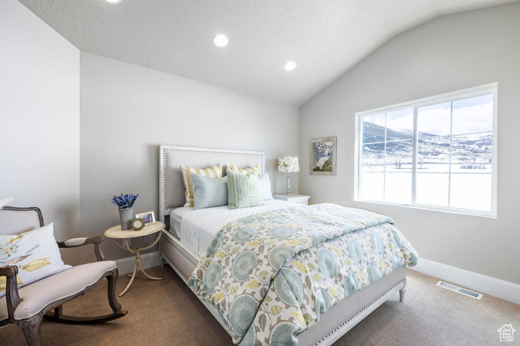 Carpeted bedroom with lofted ceiling, baseboards, and recessed lighting
