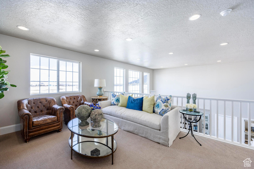 Carpeted living room featuring recessed lighting, a textured ceiling, and baseboards