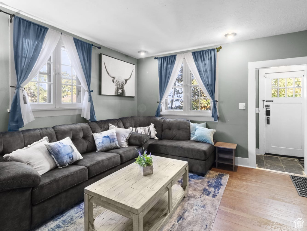 Living room featuring healthy amount of natural light, wood finished floors, and baseboards