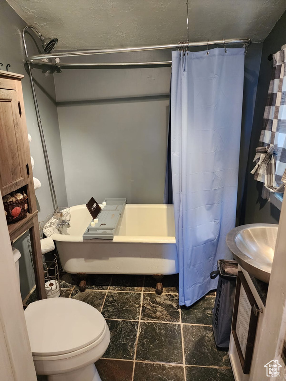 Bathroom with a sink, toilet, and shower / bath combo