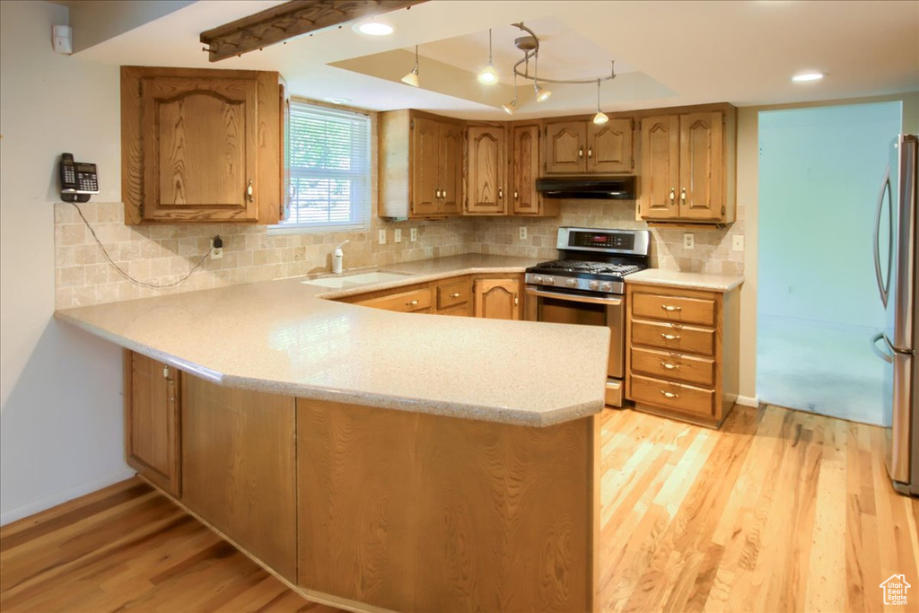 Kitchen with appliances with stainless steel finishes, under cabinet range hood, a sink, light wood-style floors, and a peninsula