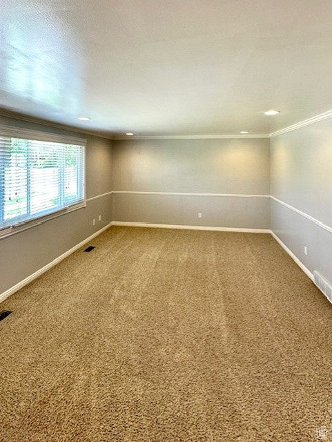 Carpeted empty room featuring ornamental molding and baseboards
