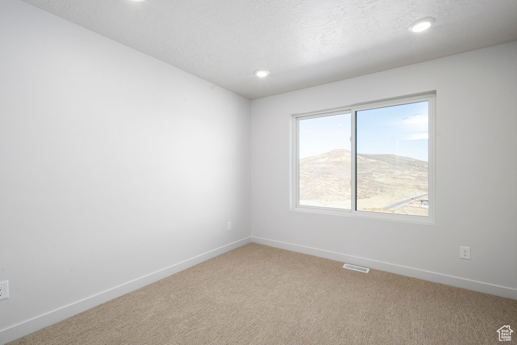 Spare room with light carpet, baseboards, recessed lighting, and a textured ceiling
