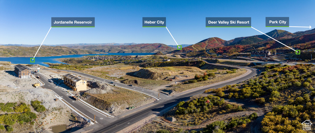 Aerial view of a water and mountain view
