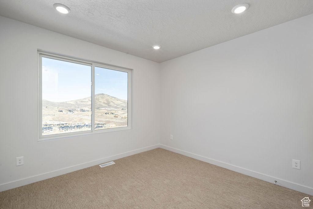 Spare room featuring light carpet, a mountain view, recessed lighting, baseboards, and a textured ceiling