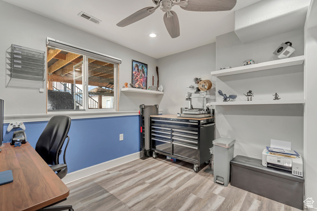 Office area with wood finished floors, ceiling fan, recessed lighting, and baseboards